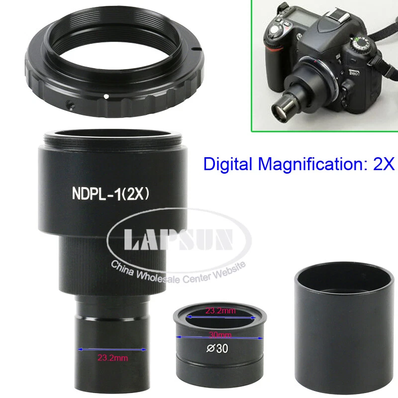 Adaptador ocular microscopio SLR NDPL 2X / 9,6X 23,2 mm T2 para cámara Canon Nikon
