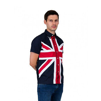 Men's Union Jack Button Down Collar Short Sleeve Panel Sewn UK Flag ...