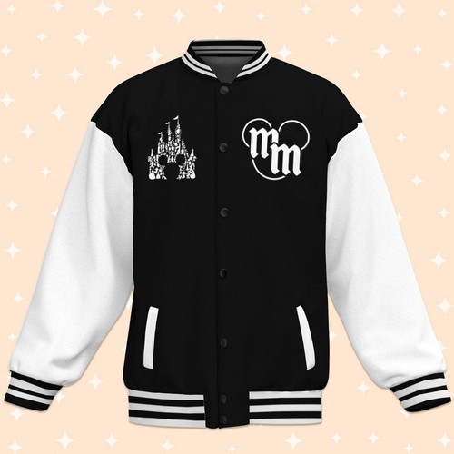Personalize Disney Mickey Head Castle Black Varsity Jacket Matching Baseball