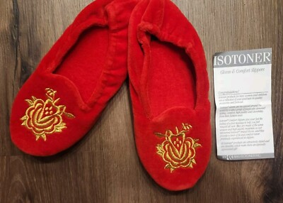 Isotoner Comfort Slippers 1992 Aris Velour Opera Red with Gold Med 6.5-7.5