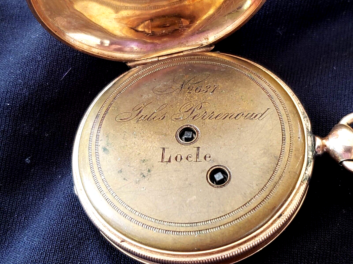 Jules Perrenoud Swiss Gold Pocket Watch Pendant w/Chain&Case 1874