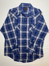 Plains Western Wear Vintage Men's Blue Plaid Pearl Snap Button Shirt Large