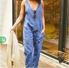 Free People We The Free Denim Overalls Slouchy High Roller Pockets Size Large