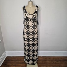 Fashion Nova Dress Womens 1X Black Granny Square Crochet Knit Maxi Diamond Boho