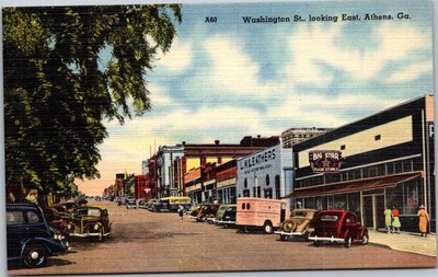 Athens Georgia Washington St. Looking South Old Cars Vintage Linen Postcard B39