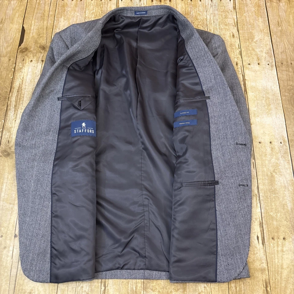 Stafford Mens Blazer Sport Coat 46R Herringbone Merino Wool - Image 4 of 4