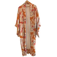 Vintage 1940s Japanese Silk Kimono Robe Orange Floral Cloud Print Duster Lounger