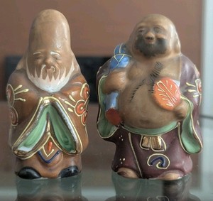 Vintage Japanese Kutani Lucky God Moriage Porcelain Figurine Set Japan Art Pair