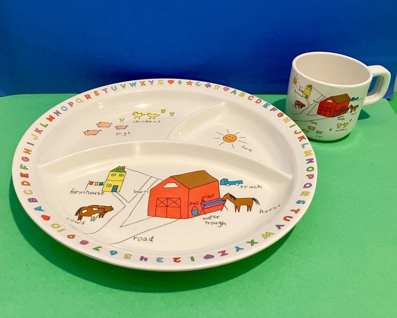 Anacapa Melamine Ware Divided Child's Plate, Cup Farm Animals ABC Vintage 1987