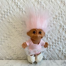 Vintage 1990s 5" Russ Ice Skater Troll Doll w/ Pink Hair Pink/White Striped Tutu