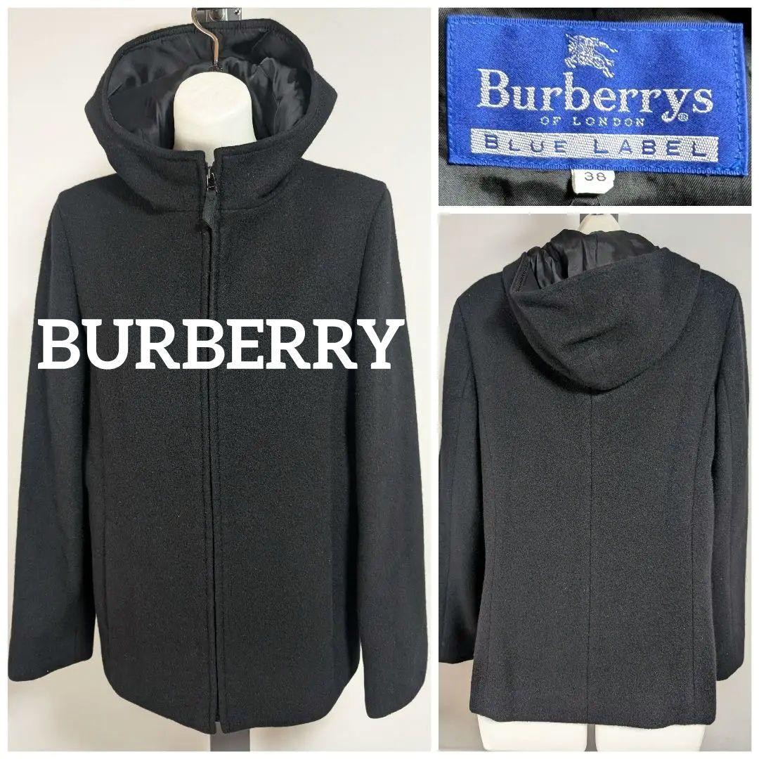 Burberry Blue Label Zip-Up Coat Black Hooded Outerwear Size 38 For Women