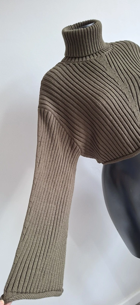 ZARA Khaki Green CHUNKY KNIT Polo Neck OVERSIZED Military CROP JUMPER XS 8 10