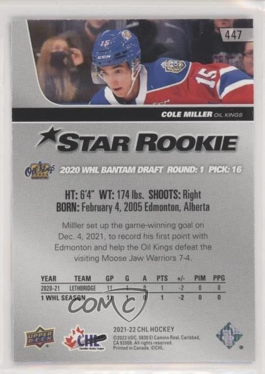 2021-22 Upper Deck CHL 2020-21 CHL Star Rookies High Gloss /10 Cole Miller #447 - Image 2 of 2