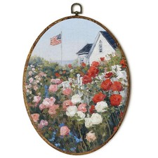 Cottage Garden American Flag Oval Wall Art, Vintage USA Flag Framed Canvas Pr...