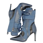 Azalea Wang Amada Stiletto Booties Womens US 7 Blue Denim Pointed Toe Side Zip