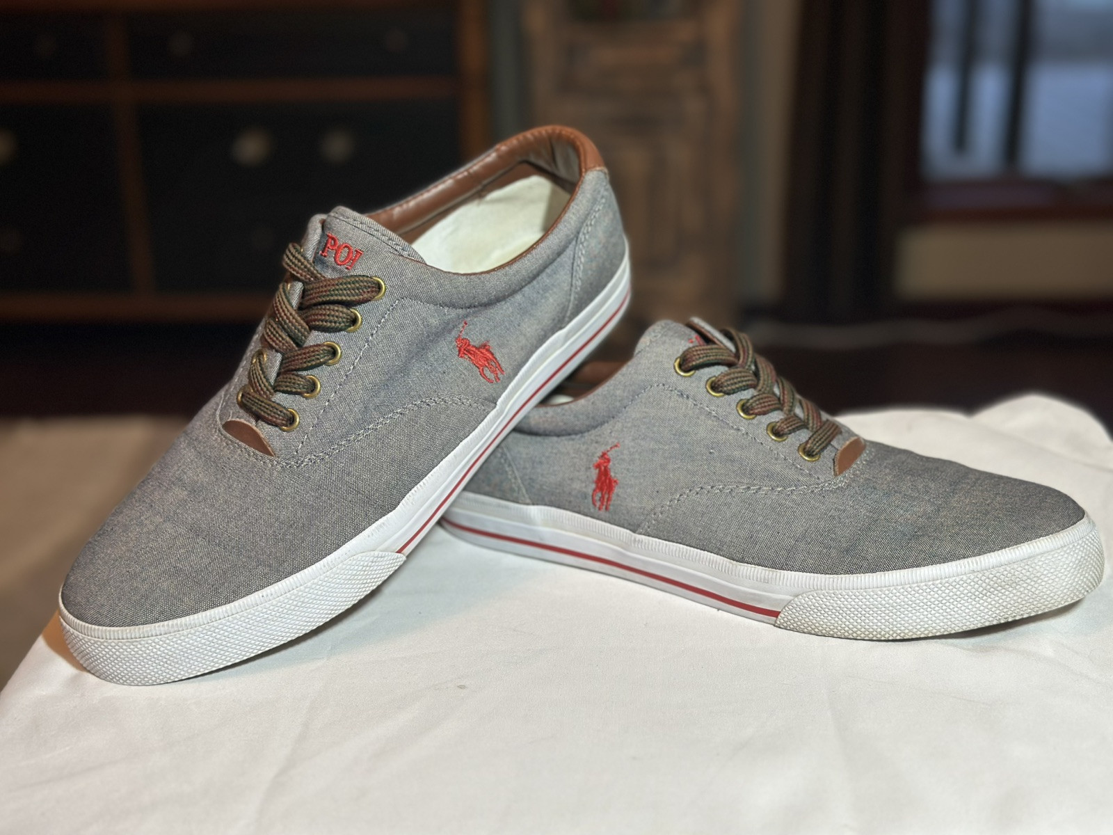 Polo Ralph Lauren Vito Pony Logo Chambray Pelle Sneakers Casual Grigio Taglia 11D