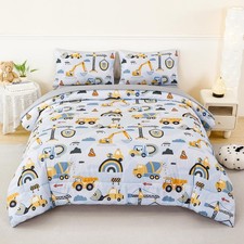 5 Pieces Construction Twin Size Comforter Set for Boys Kids Cartoon Car Excav...