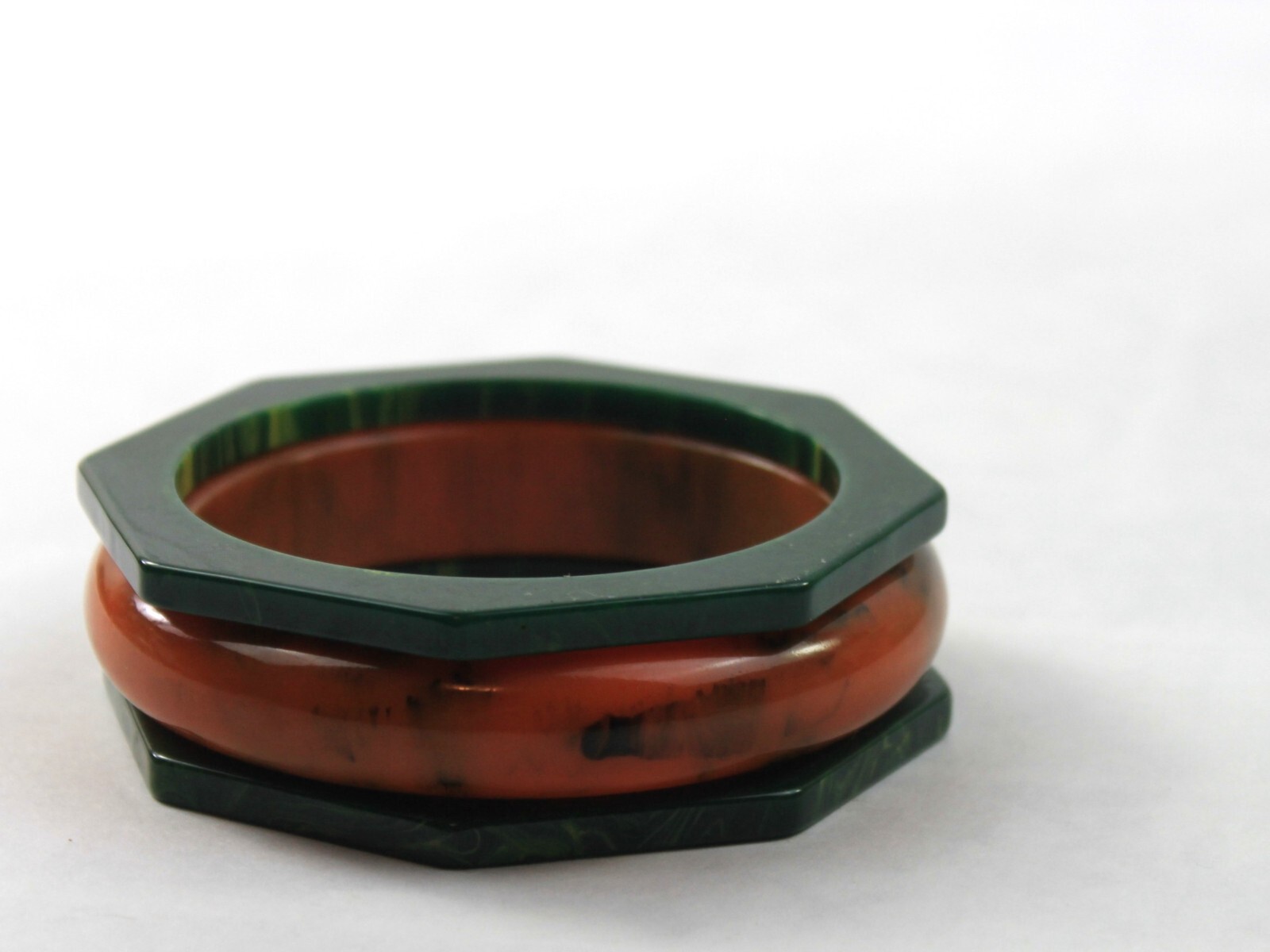 Bakelite Bangle Stack Set Green Yellow Octagon Or… - image 3
