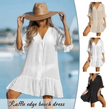 Women's Beach Sun Protection Cover Up V-Neck Ruffled Dress for Summer