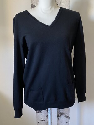 Vertical Design 100% Extra Fine Merino Wool Black V-neck Sweater M Long Sleeve
