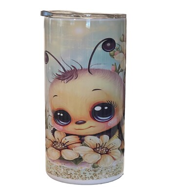 Custom Made 12oz Stainless Steel Tumbler W/   Straw~Baby Bee~Flowers~Kids~Gift