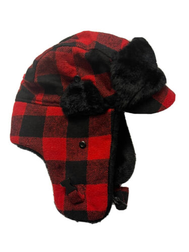 American Rag Mix Check Plaid Trapper Hat One Size Black/ Red Flannel - Picture 1 of 2