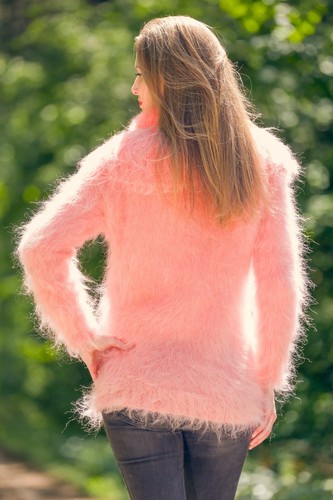 Pink mohair sweater dress cowlneck fuzzy hand crafted light tunic SuperTanya - Picture 3 of 5