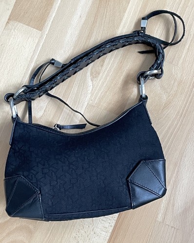 Donna Karan Shoulder Bag Black Small hobo Canvas Leather Zipped - Imagen 2 de 11