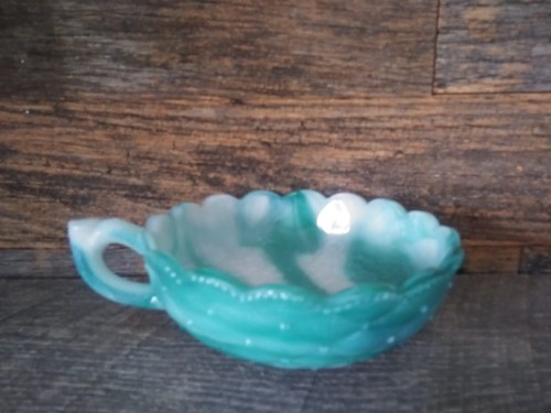 IMPERIAL TEAL GREEN SWIRL GLASS BOWL/CANDY DISH WITH HANDLE - Picture 2 of 5