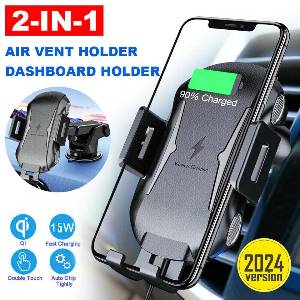 Automatic Clamping 15W Wireless Car Charger Vent & Dashboard Mount Phone Holder - Image 2 of 4