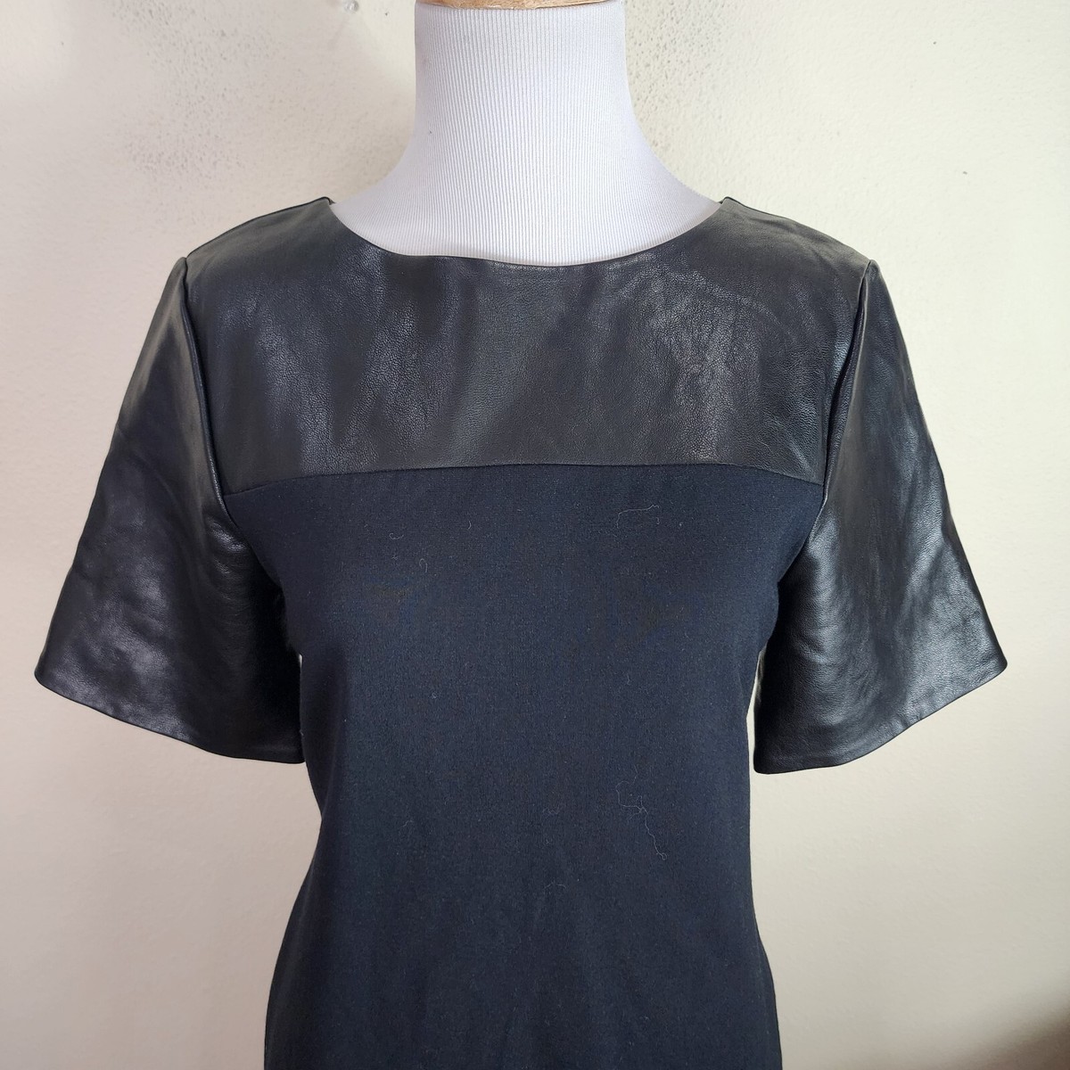ANN TAYLOR Dress Black Ponte Knit/Faux Leather Short Sleeve Size 2 Sheath  Short | eBay
