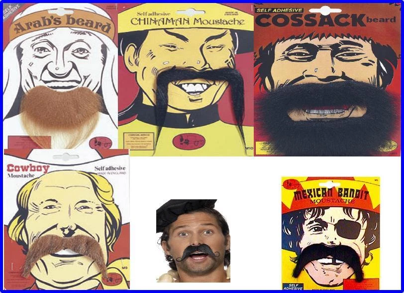 Fancy Dress Fake Tash Moustache Around The World Various Themes and Colours NEW
