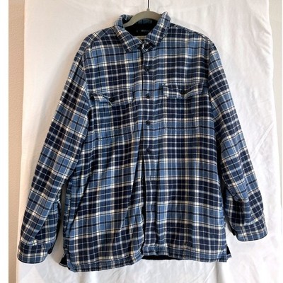 LL Bean Mens Fleece Lined Flannel Shirt Jacket Blue Plaid Traditional Fit M-REG