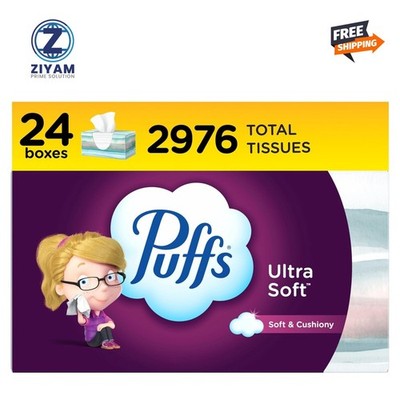 Puffs Ultra Soft Facial Tissues, pack of 24 Family Boxes, 124 Tissues per Box