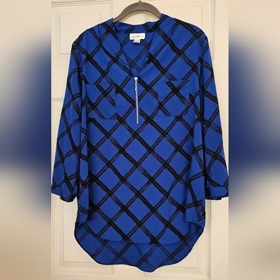 Jaclyn Smith Blue Diamond Print Vneck Zipper Women's Top Large