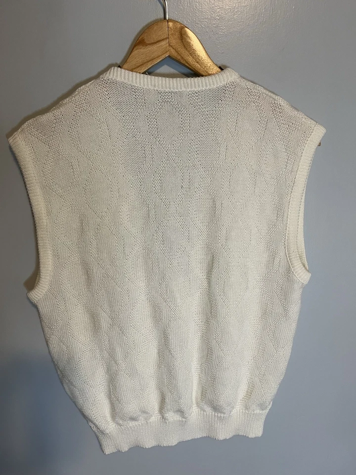 Colete Suéter Vintage Estampado Marfim Botão M Vovó Professora Academia Decote V EUA - Imagem 2 de 4