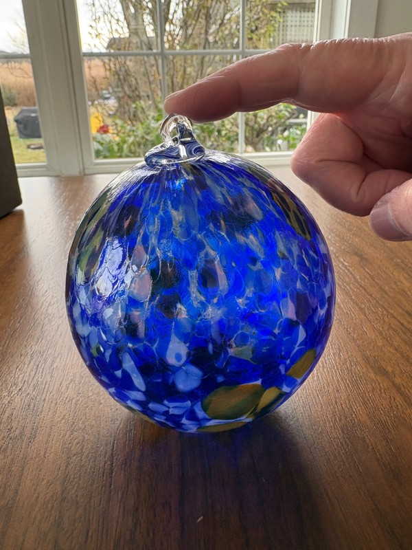 Hand Blown Glass Ornament Blue, White and Neutral Swirl Ignis Chattanooga Studio