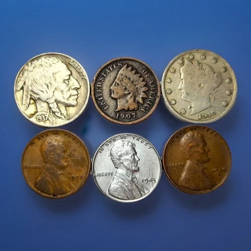 Lot Indian Head Cent, Liberty V & Buffalo Nickel, Steel & 2 Pennies-Mixed Dates