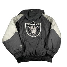 Vtg 90s NFL Raiders Football Jacket L Gameday Puffer Hooded Graphic Logo 7 Mens