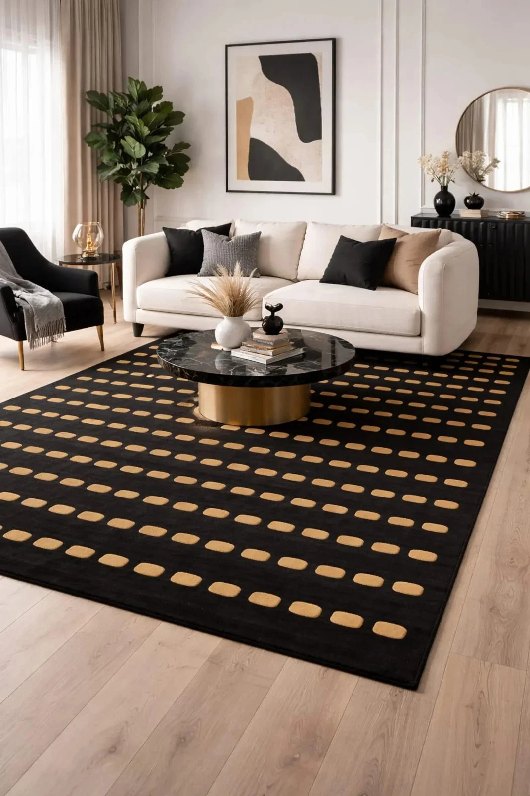 Hand Tufted Wool Area Rug Modern Minimalist Black Gold Dashed Grid Large Carpet