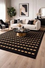 Hand Tufted Wool Area Rug Modern Minimalist Black Gold Dashed Grid Large Carpet