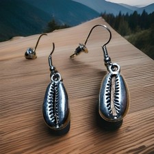 Silver Cowrie Shell Dangle Earrings Boho Beach Jewelry Hook Drop Handmade Style