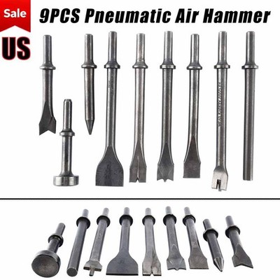 9Pcs Pneumatic Air Hammer Punch Chipping Bits Tool Chisel 0.39In Shank Tool Set