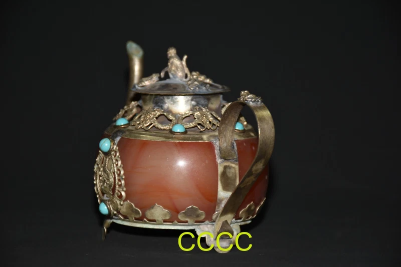 Exquisita olla de vino con mango de extremo de piedras preciosas de pino verde con incrustaciones de cobre plateado de China Foto 4 de 4