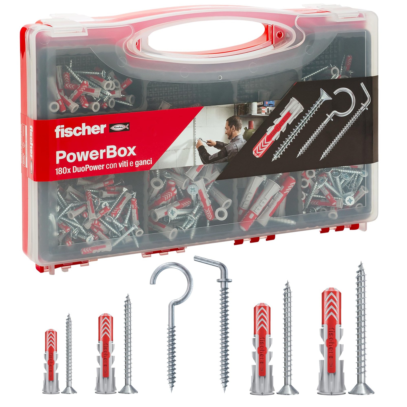 Fischer PowerBox 180 Tasselli DuoPower con Viti e Ganci, per Muro Pieno, Forato