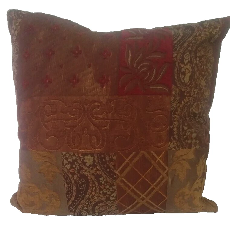 Pier One Throw Pillow, Patchwork Paisley Copper, Brown, Burgandy, w Gold 17x17 - Image 4 of 4