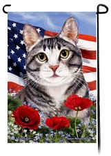 Patriotic Flowers Garden Flag - Silver and White Tuxedo Cat