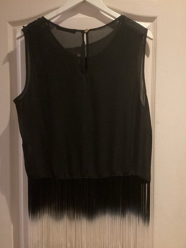 Ladies Black Chiffon Vest With Black Ivory Fringes At Hem Size 18. - Picture 4 of 6