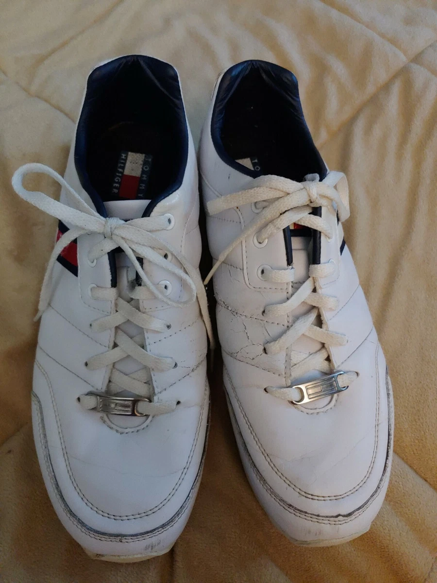 TOMMY HILFIGER TH Tennis Shoe Sneakers White Leather Lace up Flag