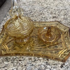 Amber Glass Dressing Table Vanity Set 4 Pc Vintage